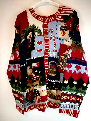 Stitches in Time 2X Heavy Christmas Sweater, Santa Claus/Xmas Tree/Log Cabin - Image 1 of 4