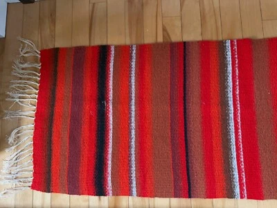 Southwestern  Wool  Fringe Table Runner Red Orange Rust Brown White Stripe 54X17 - Image 1 of 4
