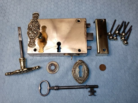 Brass Rim Lock European French 1850's Restored Cover