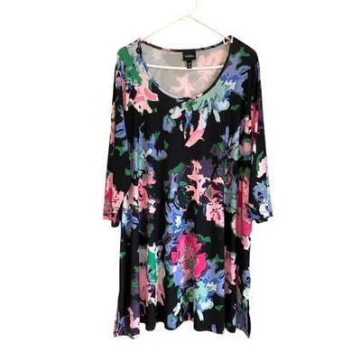 Ulla Popken Printed A-line 3/4 Sleeve Tunic Top black pink floral stretch 20/22 - Image 1 of 4
