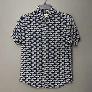 J. Crew 100% Linen Fish Print Mens Medium Short Sleeve Shirt Blue Slim Fit - Picture 1 of 12