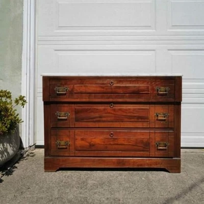 Antique Marble Top Wooden Dresser - Image 1 of 4