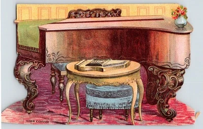 1880-90's LION COFFEE MUSIC ROOM DIE CUT VICTORIAN TRADE CARD (1pc of 4 pc set) Foto 1 de 2