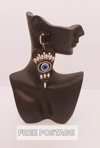 Large Black Glitter Heart Crystal Evil Eye Statement Acrylic Earrings - Picture 1 of 6
