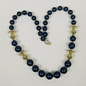 Navy Blue Goldtone Necklace Graduated Round Beads Gold Flying Saucer Beads 24” - Picture 1 of 3