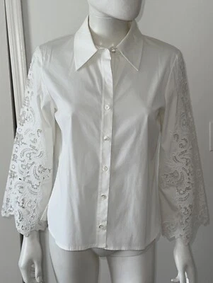 Dana Buchman 白色衬衫,带蕾丝镂空袖子和侧开衩,尺寸 4 — 第 1/4 张图片