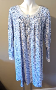 EILEEN WEST White CLASSIC wBLUE ROSES SWEATER KNIT L/S Nightgown wLace V-Neck LG - Picture 1 of 16