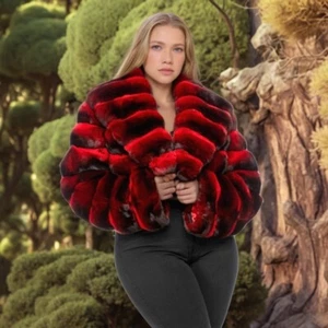 Fashion Chinchilla Shawl Collar Coat Women's Real Rex Rabbit Fur Jacket Outwear - Picture 1 of 8