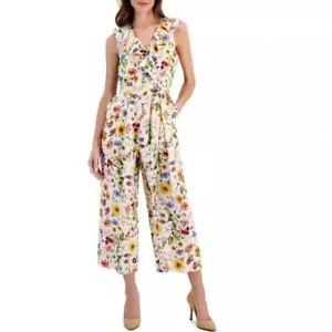 T Tahari Womens Jumpsuit Size 10 Linen Floral Print Faux Wrap Sleeveless V Neck - Picture 1 of 7
