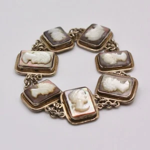 Vintage Abalone Mother Of Pearl Sterling Silver Carved Cameo Link Bracelet 7.5" - Picture 1 of 3