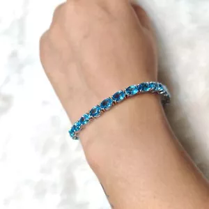 Bracciale Tennis Argento Sterling 925 Pietra Preziosa Topazio Blu Svizzero Naturale - Foto 1 di 4