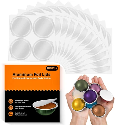 BRANDED01 Aluminum Foil Lids for Nespresso Vertuo Reusable Pods, 100 PCS Foil Seal Cover f