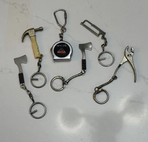 6 VTG Tool Keychain Lot – Hammer Axe Saw Pliers Tape Measure Handyman Metal Trin - Picture 1 of 8