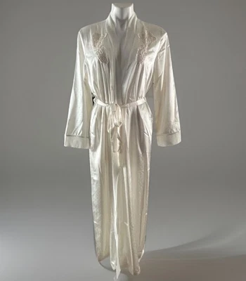 Linea Donatella White Satin Robe Lace Accents Ties Pockets Appliqué Chest S/Med - Image 1 of 4