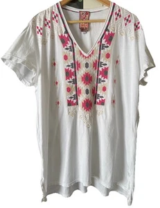 XL JOHNNY WAS JWLA Aztec Boho Blouse Top White Pink Red V Neck - Picture 1 of 6