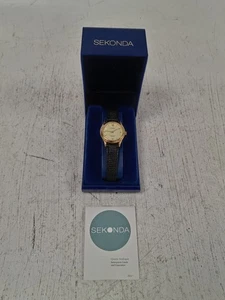 SEKONDA Ladies Quartz Watch Gold Case Black Leather Strap New Battery - IN BOX - Picture 1 of 11