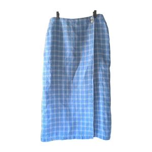 Vintage Talbot 100% Irish Linen Midi Skirt Wrap Front Blue Checked 13 - Picture 1 of 9
