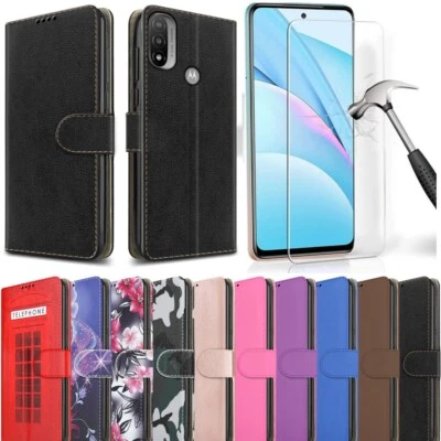 For Motorola E20 Case, Leather Wallet Flip Stand Phone Cover + Tempered Glass - Image 1 of 4