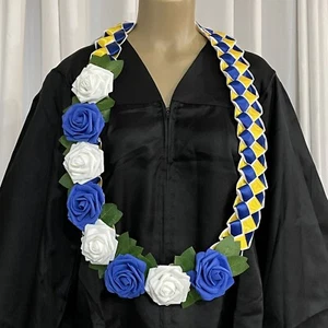 Abschluss Lei Blume blau weiß gelb Rosen vier Flechtbänder - Bild 1 von 6
