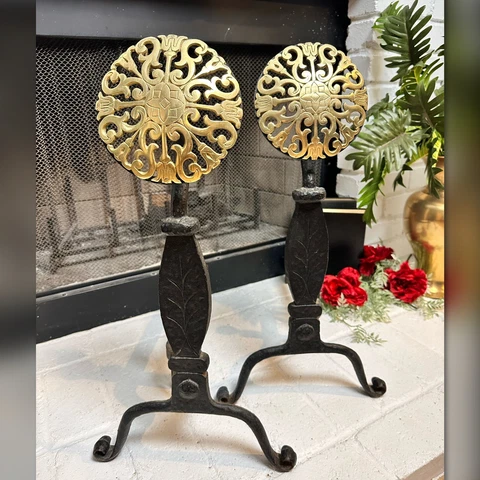 Vintage Sunflower Andirons Virginia Metal Crafters Brass Medallion Iron XL Rare* Cover