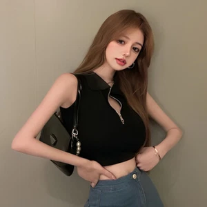 Solid Women Vest Sexy Casual Tank Zipper Down Collar Camis Fashion Tops - Picture 1 of 13