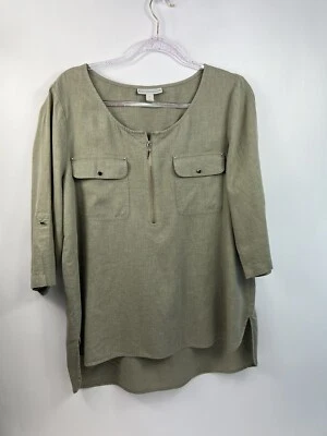 Dana Buchman Blouse Womens Size L Brown 1/2 Zip Up 3/4 Sleeve Solid Linen Blend - Image 1 of 4