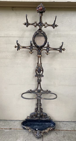 Antique Victorian 1850s Cast Iron Hall Tree Gilt Polychrm Plant Stand Mirror 79” Cover