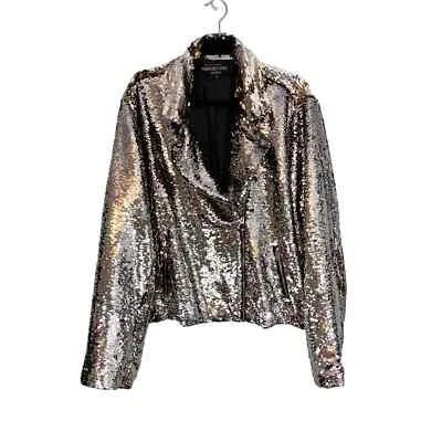 Chaqueta de Fiesta DONNA SALYERS Fabulosa Piel para Mujer Plus 3X Cremallera Lentejuelas Doradas Plateada Foto 1 de 4