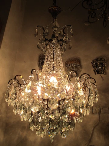 Antique Vnt French HUGE Spider Style Crystal Chandelier Lamp Light 1940s 19in Ø Cover