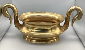Vintage MCM Brass Exchange Solid Brass Handmade Double Swan Head Handles Bowl - Picture 1 of 12