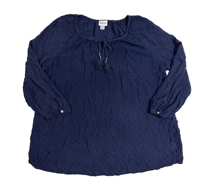 Merona Women's Peasant Boho Top Blue 3/4 Sleeve Keyhole Neck Tassel Tie Size S - Image 1 of 4