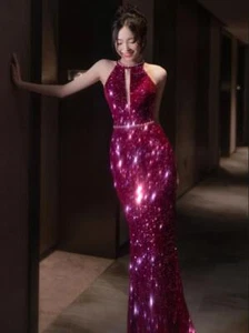 Bonito vestido de sirena de noche con cuentas de lentejuelas con espalda abierta para mujer cóctel graduación JWKL - Imagen 1 de 7