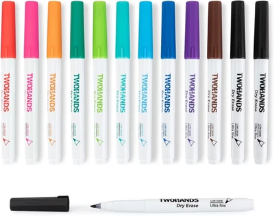 TWOHANDS Whiteboard Marker Set,12 Whiteboard Stifte Dünne Spitze,11 Farben, Rundspitze 0.