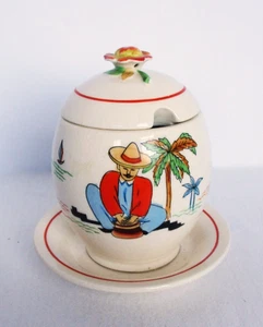 Colorful Vintage Honey Pot Jar Ceramic Mexican Man & Palm Trees Flower Lid - Picture 1 of 10