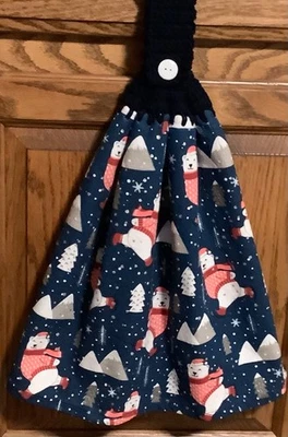 Double hanging kitchen towel winter polar bear skating crocheted navy  top - Image 1 of 4