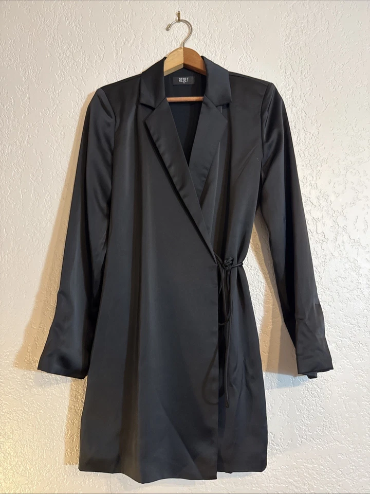 NWOT - RESET by Jane, Olly Dress Black Satin Wrap Tuxedo Dress/Jacket - Image 1 of 4