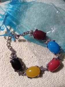 vintage bracelet 5 stones blue red yellow ruby and black 7 to 9 inches long - Picture 1 of 1