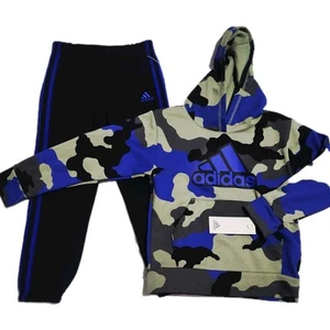 NWT Adidas Boys Size 5 Blue Camo L/S Hooded Camouflage Jogger Pants Set - Picture 1 of 2