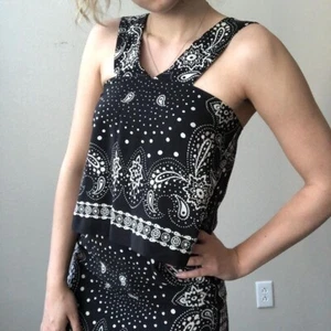 SANDRO PARIS Reve Dress 100%Silk Retro Cowboy Black White Floral Bandana SZ 3-L - Picture 1 of 12