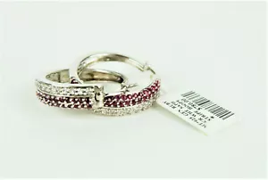 Genuine Ruby and White Sapphire Sterling Silver Hoop Earrings– New With Tags - Picture 1 of 7