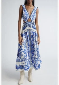 Neu mit Etikett $ 298 Farm Rio Garden Fliesen ausgeschnittenes Maxikleid, OFF-WHITE/BLAU, X-Large! - Bild 1 von 6