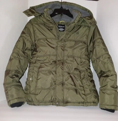 CALVIN KLEIN  BOYS 14/16 OLIVE GREEN WINTER PUFFER COAT W/ REMOVABLE HOOD - Image 1 of 4