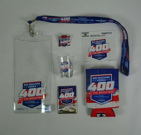 2020 Brickyard 400 Fan Pack Ticket Holder Decal Pin Shot Glass Magnet Can Cool Cover