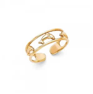 14K Solid Yellow Gold Dolphin Toe Ring Adjustable -Fish Polished Foot Band Women - Picture 1 of 1