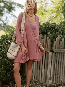 NWT Free People Womens Pink Beach Blossom Button-up T-shirt Dress Size Large - Picture 1 of 8