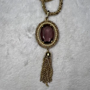 Vintage Avon faux tassel pendant 30” Amethyst Glass Seed Pearls necklace Gold To - Picture 1 of 10