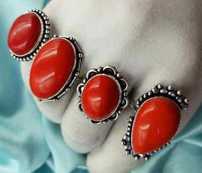 Anillo de piedras preciosas de coral, lote al por mayor anillo de joyería hecho a mano, anillo enchapado en plata 925 ~ Foto 1 de 2
