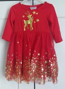 BLUEBERI BOULEVARD RED/GOLD REINDEER & STARS HOLIDAY/CHRISTMAS GIRLS DRESS NWT - Picture 1 of 6