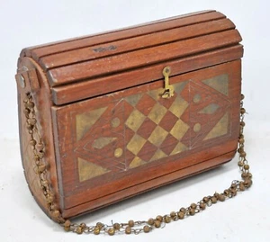 Antique Wooden Coin Purse Money Box Original Old Hand Crafted Brass Fitted - Picture 1 of 11