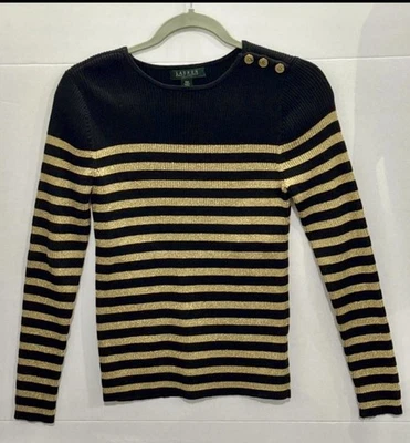 Suéter acanalado brillante metálico negro/dorado Lauren Ralph Lauren Petite M para mujer Foto 1 de 4